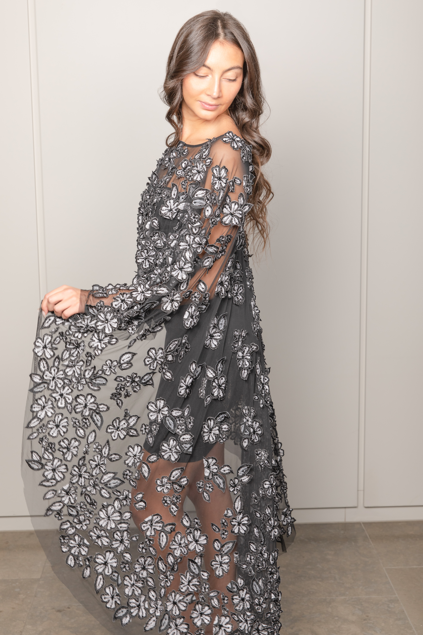 Custom couture beaded cape maxi made to order featuring black and white flowers with crystal amazing to wear on top of a short or long dress or a jumpsuit