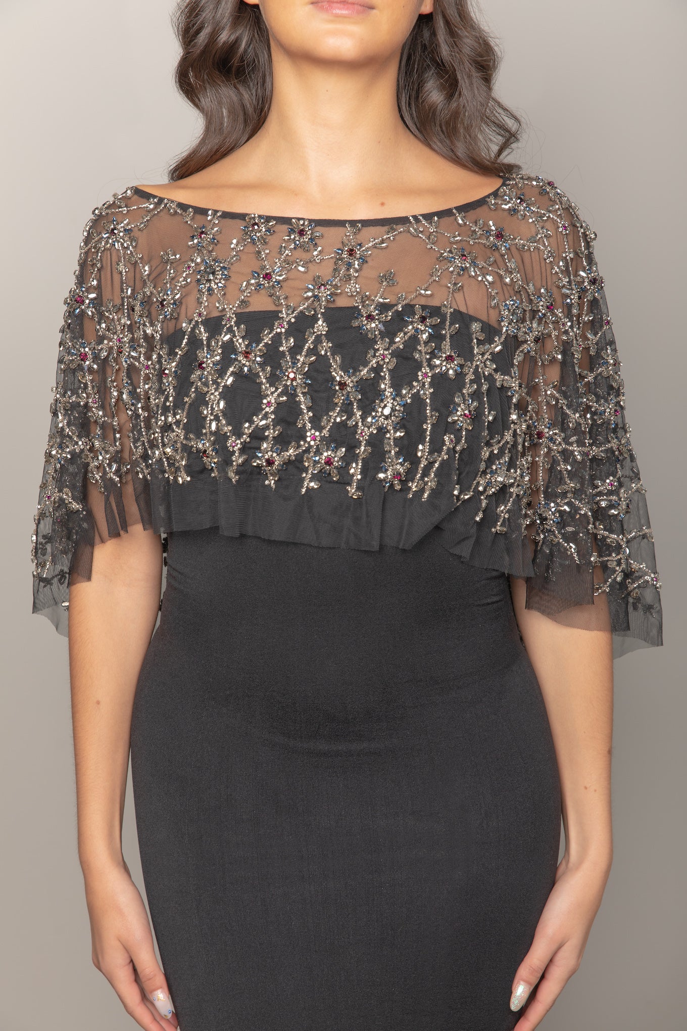 Custom couture beaded cape mini made to order with crystal beading showing the front length