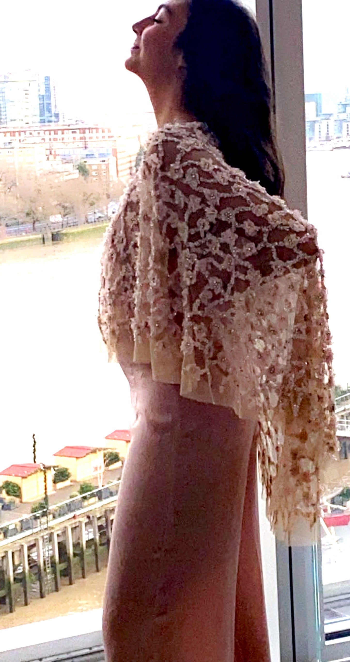 Custom couture beaded cape midi made to order featuring flowers with crystal details amazing to wear on top of a short - long dress or a jumpsuit