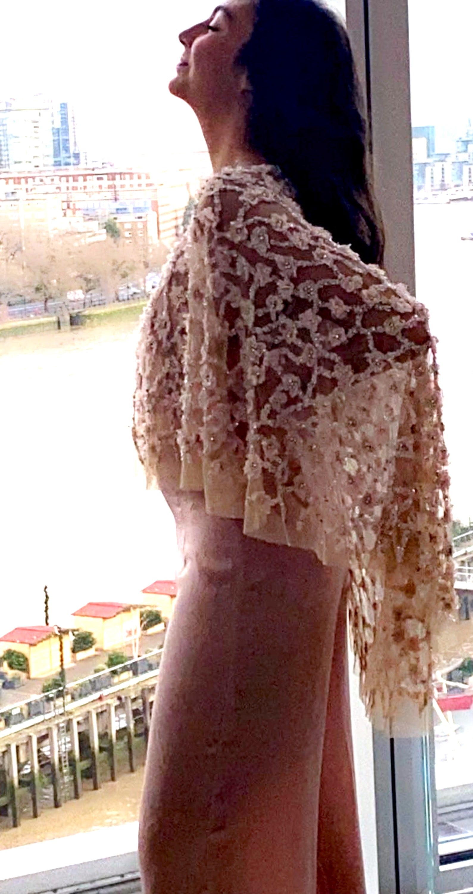 Custom couture beaded cape midi made to order featuring flowers with crystal details amazing to wear on top of a short - long dress or a jumpsuit